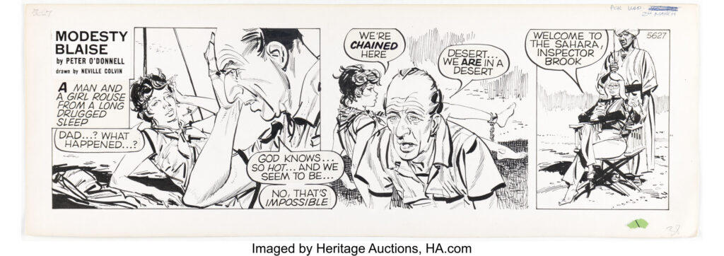 Neville Colvin Modesty Blaise #5627 Daily Comic Strip Original Art (London Times Mirror, 1983). Inspector Brook and his daughter regain consciousness chained in the Sahara Desert in this strip from the "Death in Slow Motion". The daily appears to be from 3-2-83, as the date is handwritten in the top corner. Ink over graphite on Bristol board daily with an image area of 18.75" x 5.5". Slight toning, text paste-ups, sticker fragment in the bottom right margin, whiteout touch-ups, with light handling wear. In Very Good condition.