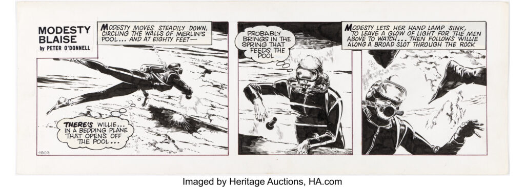 Patrick Wright Modesty Blaise #4909 Daily Comic Strip Original Art (London Evening Standard, 1980). Modesty plunges into the depths of Merlin's Pool, following her trusted right-hand man Willie Garvin through a dark opening eighty feet below the surface in this harrowing daily from "The Brethren of Blaise." Scuba diving was just one of Modesty's many talents, which helped carry the resourceful adventurer from the British newspaper page to several screen adaptations. Ink over graphite on Bristol board with an image area of 18.75" x 5.5". Slight toning, smudging/soiling, text paste-ups, stat logo paste-up, whiteout touch-ups, and handling creases/wear. In Very Good condition.