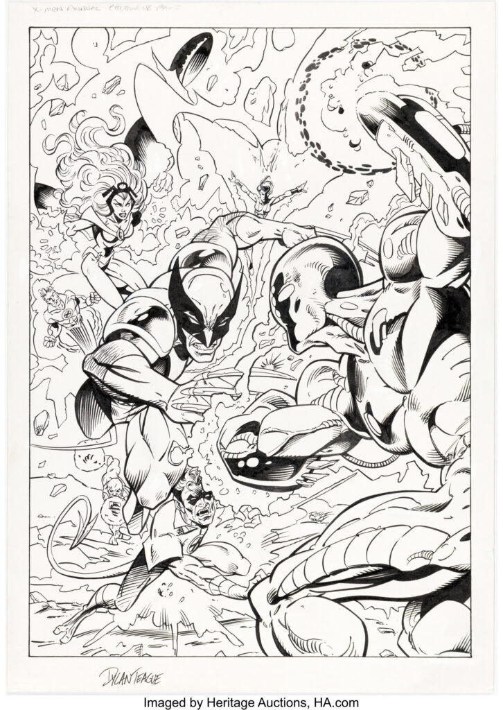 Dylan Teague X-Men Annual 2005 UK Edition Colouring Page Original Art (Panini / Marvel, 2005). Rendered as a coloring book-style page for the UK's more kid-centric X-Men Annual 2005, this piece gives us another look at the cover scene from The Uncanny X-Men #447, featuring the newly introduced X.S.E. team of Wolverine, Marvel Girl (Rachel Grey-Summers), Storm, Cannonball, Nightcrawler, and Bishop battling the classic Captain Britain foe, the Fury! It's a rare rendering of this short-lived X-Men lineup all together. Ink over graphite on Bristol board with a 10" x 15" image area. Whiteout, marginal notes, and handling wear. Signed and in Excellent condition.