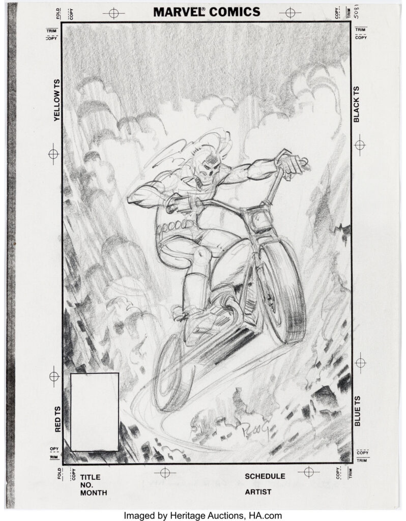 Mike Ploog Marvel Spotlight #5 Cover Homage Sketch Original Art (undated). Ghost Rider rides into the blazing spotlight in this fiery sketch by his co-creator Mike Ploog, paying homage to the incendiary Bronze Age debut he helped create on the cover of Marvel Spotlight #5. Ploog made his mark with memorable macabre takes on Marvel's horror heroes in the early 1970s, including Werewolf by Night, Ghost Rider, Frankenstein's Monster, and Man-Thing. Rendered in graphite on 8.5" x 11" paper. Minor corner creasing and handling wear. Signed by Ploog in the lower right image area. Otherwise, in Excellent condition.