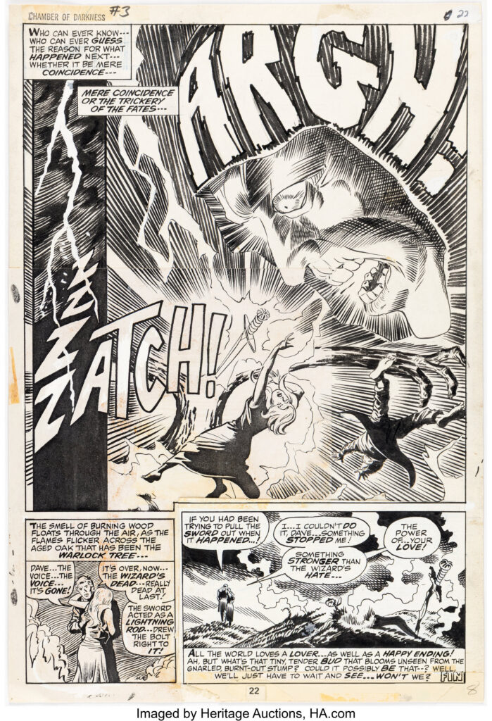 Barry Smith and Syd Shores Chamber of Darkness #3 Story Page 7 Original Art (Marvel, 1970). Love gets the last word in "The Warlock Tree!" as Jane's attempt to draw the sword ends with a bolt from above. Barry Windsor-Smith unleashes Moorg across the page in a huge spectral close-up before the cursed tree burns and Dave carries Jane to safety. Produced in ink over graphite on Bristol board with an image area of 10" x 15". In the published version, the final panel was cropped tighter and the bottom narration was reformatted for the story's later reprinting in Giant-Size Chillers #3 in 1975. Panel 2 and the lower left corner of Panel 1 are patched-in original art. Moderate toning, foxing, smudging/soiling, whiteout touch-ups, blue pencil marks, tape over stat page number, and handling wear. In Very Good condition. From the Barry Windsor-Smith Collection.
