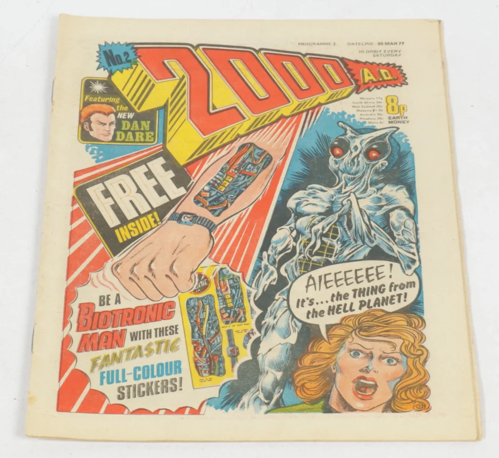 Vectis Auction Lot 15/9/26: 2000AD Comic Prog 2 (1977), featuring first appearance of Judge Dredd. Note, Free Gift not present 