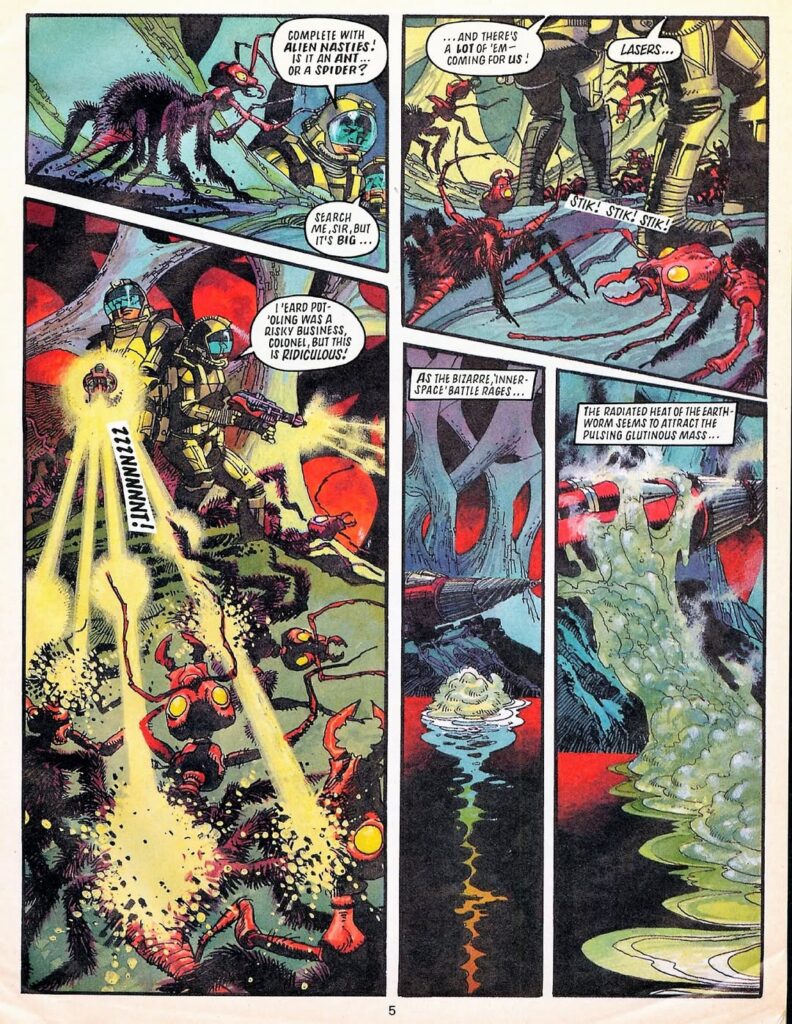 New Eagle - a page from the Dan Dare story for New Eagle known to fans as “Pot Holes”, but actually untitled in the weekly comic, written by Tom Tully, which ran in issues cover dated 15th December 1990 to 19th January 1991, running for six episodes, Dare and company battling alien space bugs.