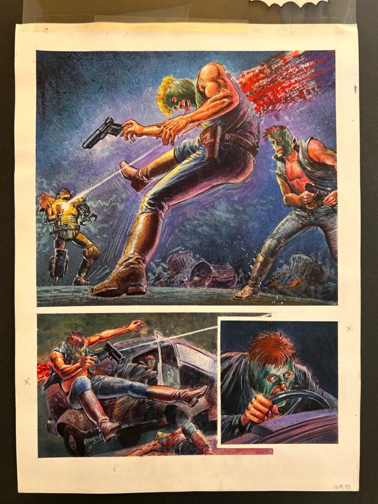 A stunning page of Judge Dredd artwork by Manuel Benet- take a good look at the fantastic artwork, colours and layout. This has a huge splash panel showing a rogue robot judge decimating a target. The artwork is executed in watercolour, inks, pencil and black pen, on Dibujo Geler GVA RRO art paper. The acetate sheet with the speech bubbles is still attached to the artwork, which means it can be lifted to view the artwork in it's full glory, without the shine of the acetate plastic or speech bubbles. The reverse of the page is marked 'Meg #38 pg. 2' referring to the 2000ad Megazine, published 1993