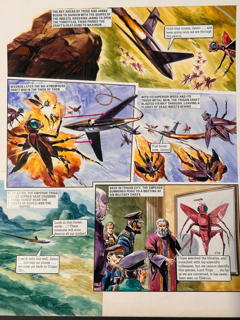 Trigan Empire artwork by Gerry Wood painted for the British comic Look and Learn, published 9th August 1980 These boards feature some of the story's key characters including Emperor Trigo and his amazing scientific philosopher friend Peric, and Janno. This was painted and signed by Gerry Wood for an episode of the epic tale entitled 'The Skorpiads'.