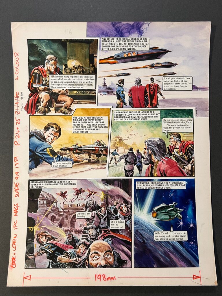 Trigan Empire artwork by Gerry Wood painted for the British comic Look and Learn, published 9th August 1980 These boards feature some of the story's key characters including Emperor Trigo and his amazing scientific philosopher friend Peric, and Janno. This was painted and signed by Gerry Wood for an episode of the epic tale entitled 'The Skorpiads'.