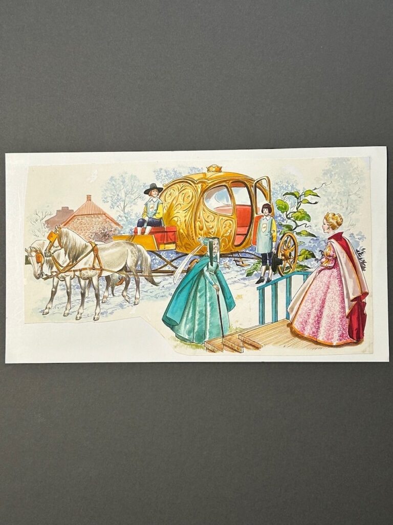 This is the unique original Watercolour painting by Nadir Quinto. One of an enchanting series of colourful and romantic paintings used to illustrate the fairy story of Cinderella. Here, our Heroine steps out in her beautiful new dress with her Fairy Godmother to find her coach to take her to the ball. This was published in the British comic Playhour in 1956. A beautiful Fairy Tale painting.