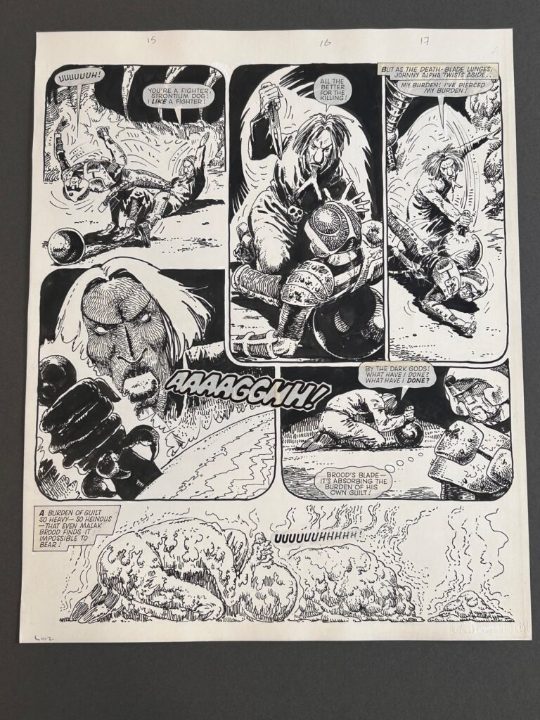 Very dramatic page for part 11 of ‘The Moses Incident’, this is the real dramatic climax of the story, where Johnny Alpha and Malak Brood engage in the final battle. The story was written by Alan Grant, lettered by Jack Potter and drawn by Carlos Ezquerra. This was published in Prog (issue) #345 of the Science Fiction comic 2000ad on 3rd December 1983. The comic, which is still being published today is still a hit, and collectors worldwide are beginning to take more note of these fantastic publications. In this very early page from the 2000ad series, Johnny Alpha is facing down Malak Brood in the final battle of the story.