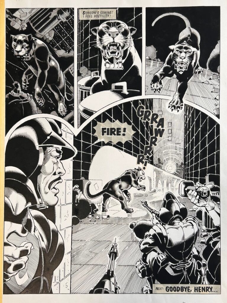 'Survivor' was a 6 episode story published in 2000ad Progs 639 to 644. The total 30 page story was written by Hilary Robinson, and drawn by the phenomenal artist Ron Smith. This large page is beautifully inked, has a stunning lay-out and was signed by the artist in 1995, however the artwork dates back to 1989. Ron Smith who sadly passed away in 2019, is a highly respected British illustrator and comics artist, who drew for hit series such as Judge Dredd, Rogue Trooper and Red Dwarf, as well as many other stories. The reverse of the page has the official 2000ad rubber stamp showing this page was published on 9th September 1989, in Prog (issue) 643.