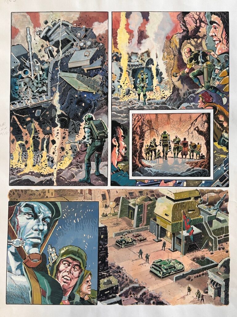 This large full colour Rogue Trooper page was painted by Ron Smith and published in prog 715 of the British Comic 2000ad. Full of great panels featuring the hero and a trail of destruction! Rogue Trooper is a famous British comic strip created by Gerry Finley-Day and Dave Gibbons in 1981.