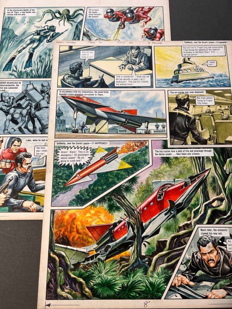 The first two pages of the Trigan Empire story 'The Zith Assassin', published in the British comic Look and Learn, issue 653, on 20th July 1974. The original art boards are painted in full colour and still have their speech bubbles and narrative text boxes pasted on. The artwork features great layout and a brilliant large panel- the science fiction has an awesome retro feel. The boards have been cut along their centres to be able to fold, so that the artist could send them to the publisher- they have been reinforced by the publisher with white tape.