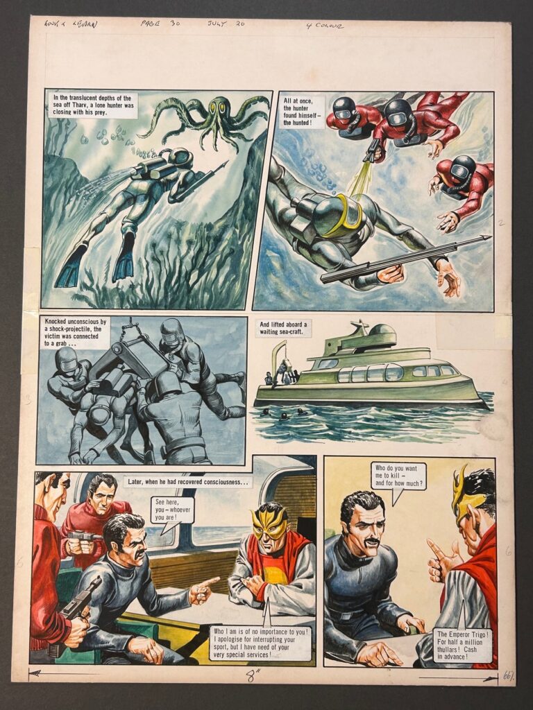 One of the first two pages of the Trigan Empire story 'The Zith Assassin', published in the British comic Look and Learn, issue 653, on 20th July 1974. The original art boards are painted in full colour and still have their speech bubbles and narrative text boxes pasted on. The artwork features great layout and a brilliant large panel- the science fiction has an awesome retro feel. The boards have been cut along their centres to be able to fold, so that the artist could send them to the publisher- they have been reinforced by the publisher with white tape.
