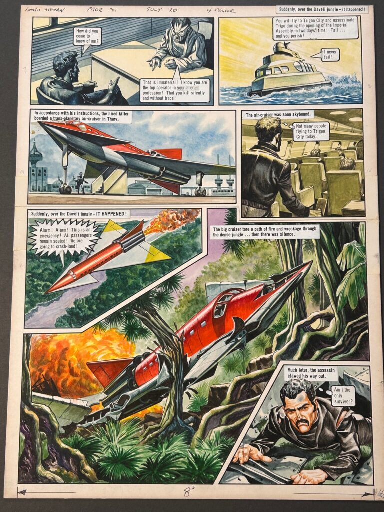 One of the first two pages of the Trigan Empire story 'The Zith Assassin', published in the British comic Look and Learn, issue 653, on 20th July 1974. The original art boards are painted in full colour and still have their speech bubbles and narrative text boxes pasted on. The artwork features great layout and a brilliant large panel- the science fiction has an awesome retro feel. The boards have been cut along their centres to be able to fold, so that the artist could send them to the publisher- they have been reinforced by the publisher with white tape.