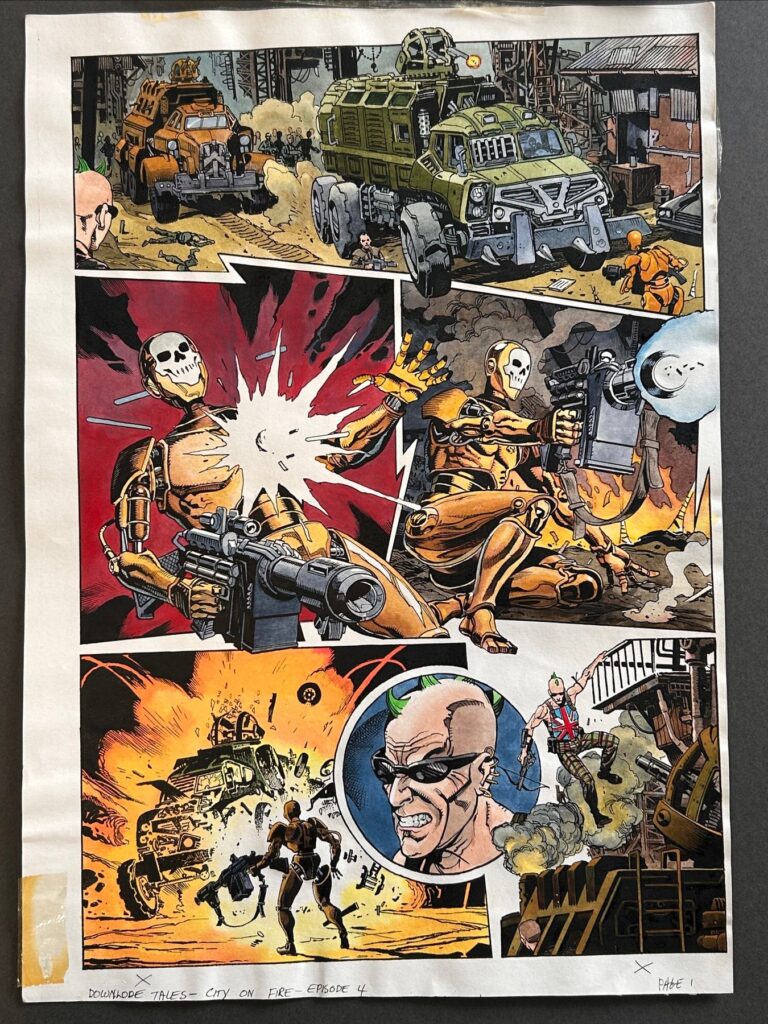 Full colour action page by Chris Weston drawn in 1999 for an episode of 'Downlode Tales', a six episode feature which appeared in 2000ad. The story was written by Dan Abnett and features some absolutely brilliant characters, a whole lot of action, bullets, explosions and destruction! This page was published in prog (issue) 1158 in 1999. The page still has it's acetate cover with the hand written speech bubbles and narrative text pasted on, as well as a publisher's tracing paper attached to the acetate, showing colour notes.