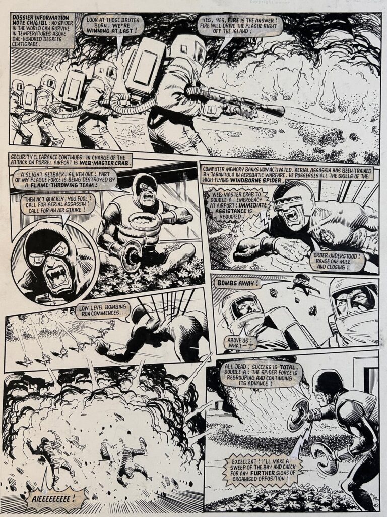 This is the unique original Pen & Ink artwork by John Cooper, created for a brilliant and creepy story called 'The Plague of Spiders' which ran in the British comic 'Battle' The artwork is on a large thick art board and feature panels showing Aerial Assassin flying a bombing run for Web-Master Crab! This page was featured in Battle Weekly #631 published June 6th 1987. The page features an official IPC Magazines rubber stamp.