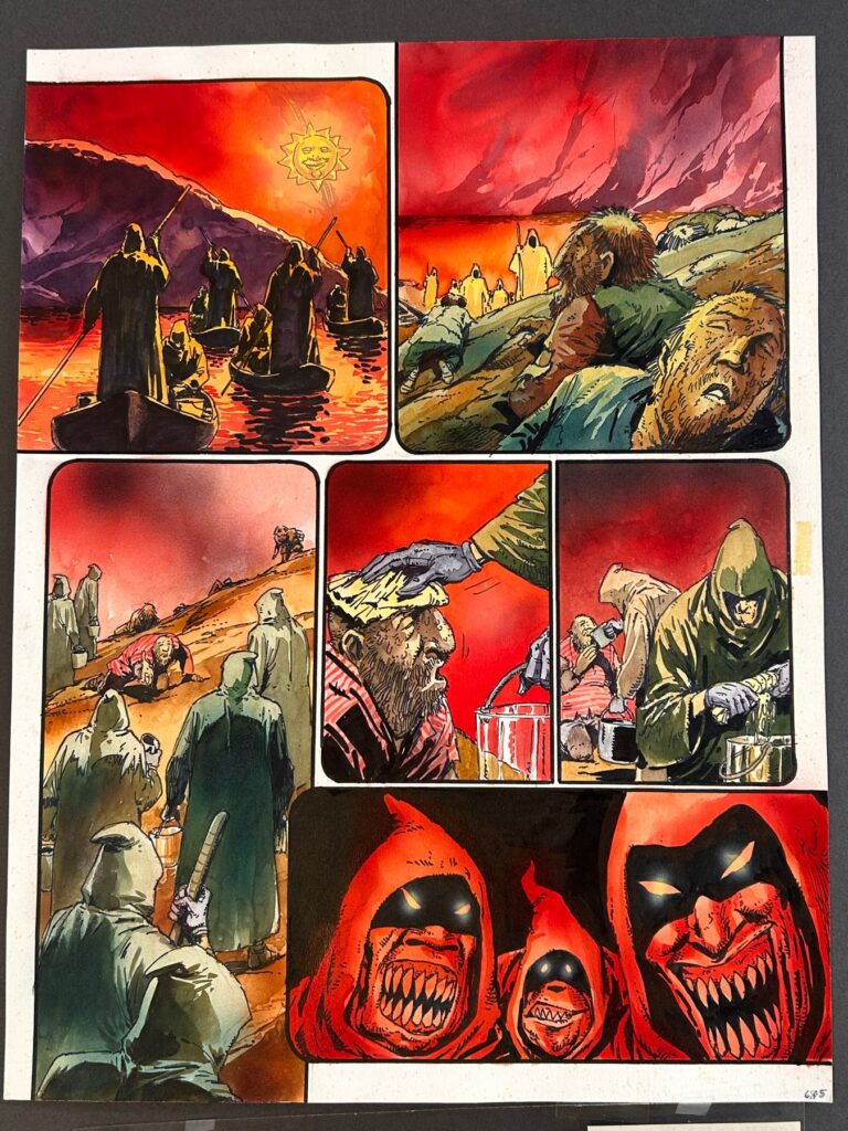 This is a stunning page of Durham Red drawn and coloured by the fantastic Carlos Ezquerra, the artist who first drew Judge Dredd. This page is from the classic science fiction comic 2000ad, Prog 768 published 1st Feb 1992. In this page of 'Island of the Damned', Durham Red (known as The Strontium Bitch) has been taken to The Island of the Damned and is observing the goings on... she believes that she has gone to Hell itself.