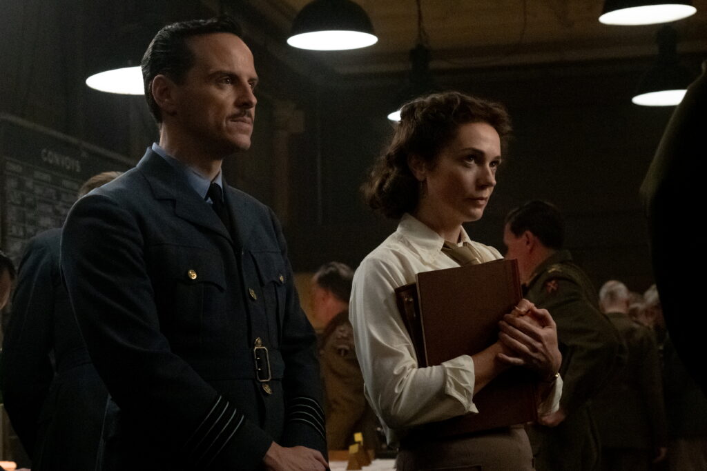 Pressure (2026) - Andrew Scott as Captain James Stagg and Kerry Condon as First Lieutenant Kay Summersby. Image: Alex Bailey/Focus Features/STUDIOCANAL © 2026 All Rights Reserved.