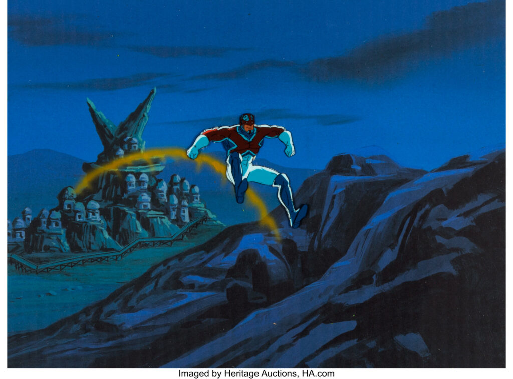 Blink and you’ll miss Captain Britain’s only on screen appearance, captured in this X-Men Captain Britain Production Cel Setup (Marvel Studios, c. 1992-97). Seen at the 4:49 mark of the episode "The Phoenix Saga- Part IV: Starjammers", Captain Britain makes a very brief cameo appearance in the animated series X-Men. Astonishingly rare, Captain Britain is only seen for a matter of seconds in the series, and this dynamic image of the character in animated form is one of only a few made. Captain Britain measures a centred 3" x 2.75" on the 12 field hand-painted original production cel setup. In addition, this setup includes a layer featuring the shockwave effects of the Phoenix's journey into space, seen at the 4:53 mark of the episode. The cels are numbered A21 and B15 in the lower right corners, and they are displayed on a printed background for presentation purposes. The condition is Very Good.