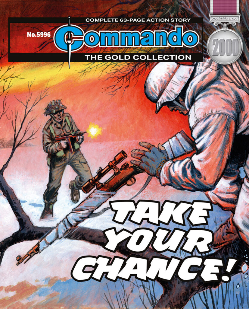 Commando 5996 (Gold): Take Your Chance!
Story: Bernard Gregg | Internal Art: Blasco | Cover Art: Jeff Bevan
First published 1986 as No. 2000