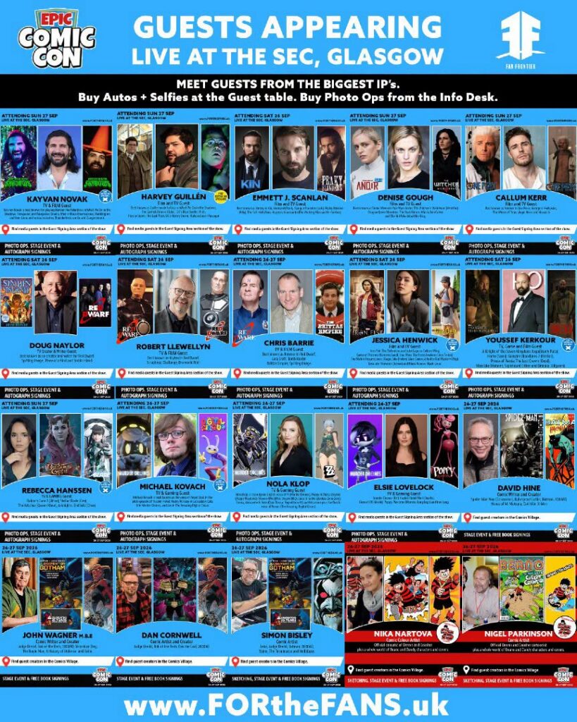 EPIC Comic Con at Glasgow SEC (26th - 27th September 2026) - Guest Lineup 