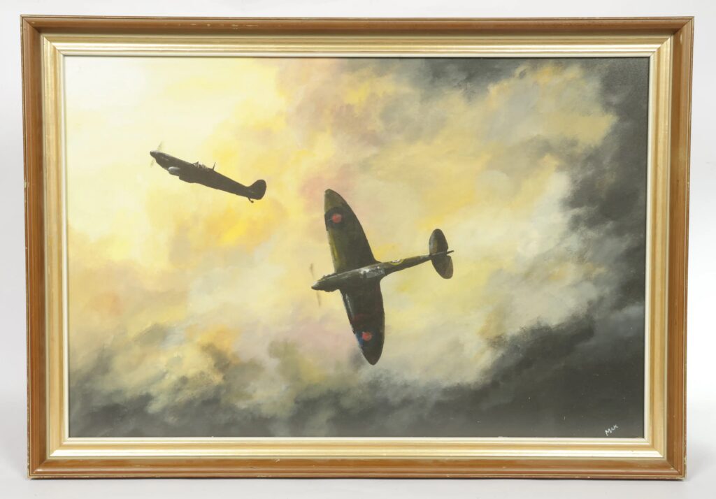 Mike Akhurst (attributed), a framed oil painting depicting two Spitfires in flight. Signed MAK to the lower right corner. Not authenticated.