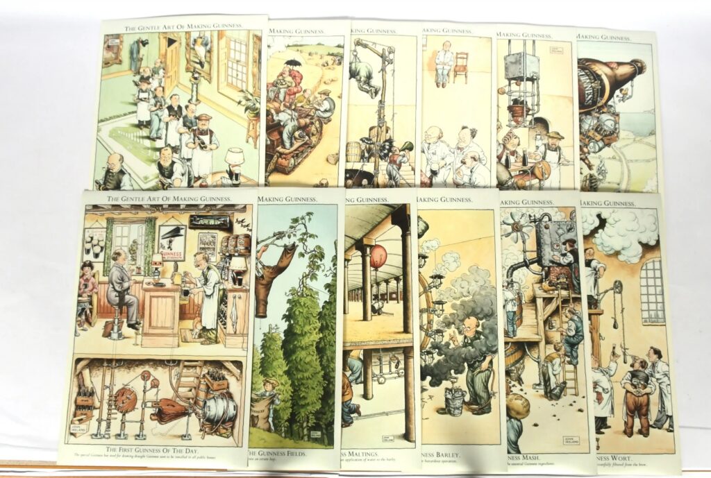 Guinness, a collection of The Gentle Art of Making Guinness John Ireland posters, comprising twelve colour illustrated posters depicting whimsical scenes from the brewing process. Each poster features artwork by John Ireland with printed titles and captions, including The First Guinness Of The Day, The Guinness Fields, Guinness Maltings, Guinness Barley, Guinness Mash, and Guinness Wort