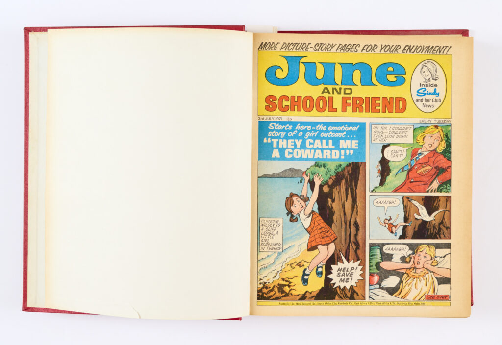 June and School Friend (3 Jul - 25 Dec 1971) 26 issues in half-year bound volume. Glory Knight - Time Traveller, Wild Girl, Slaves of the Special One, Angela Barrie's Fashion Page and Lulu's Fashion Contest. From the IPC Editorial Archive [fn/vfn] (26)