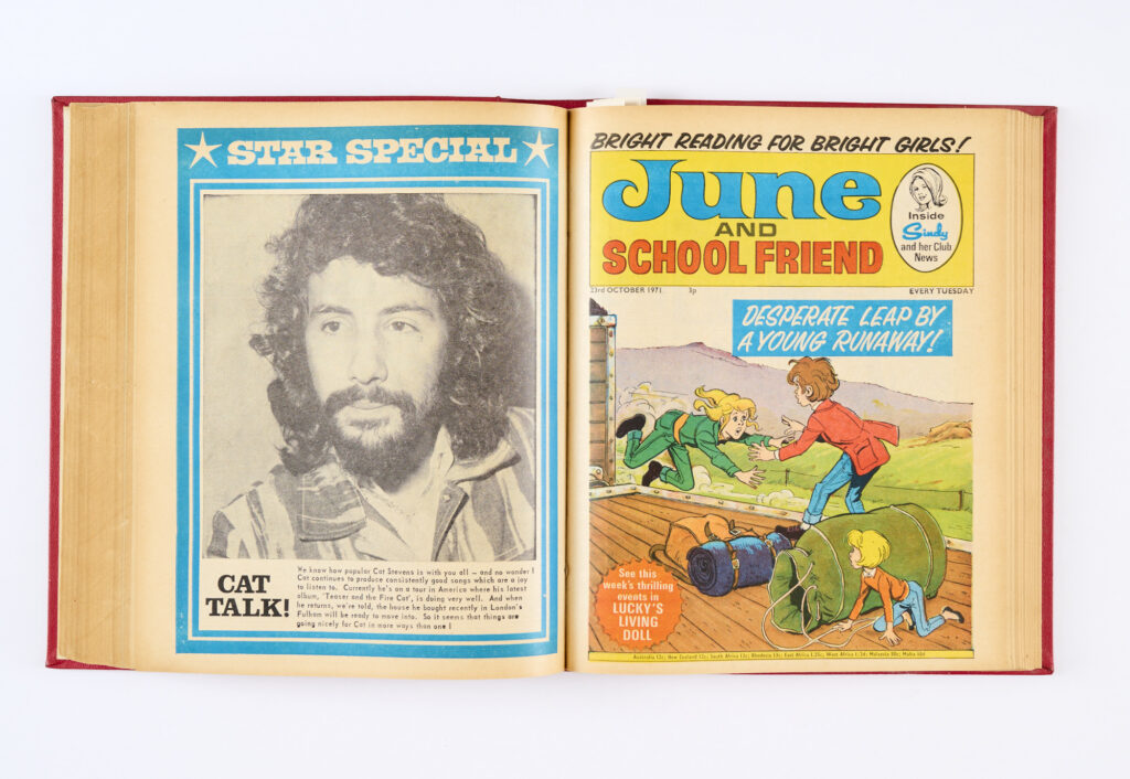 June and School Friend (3 Jul - 25 Dec 1971) 26 issues in half-year bound volume. Glory Knight - Time Traveller, Wild Girl, Slaves of the Special One, Angela Barrie's Fashion Page and Lulu's Fashion Contest. From the IPC Editorial Archive [fn/vfn] (26)