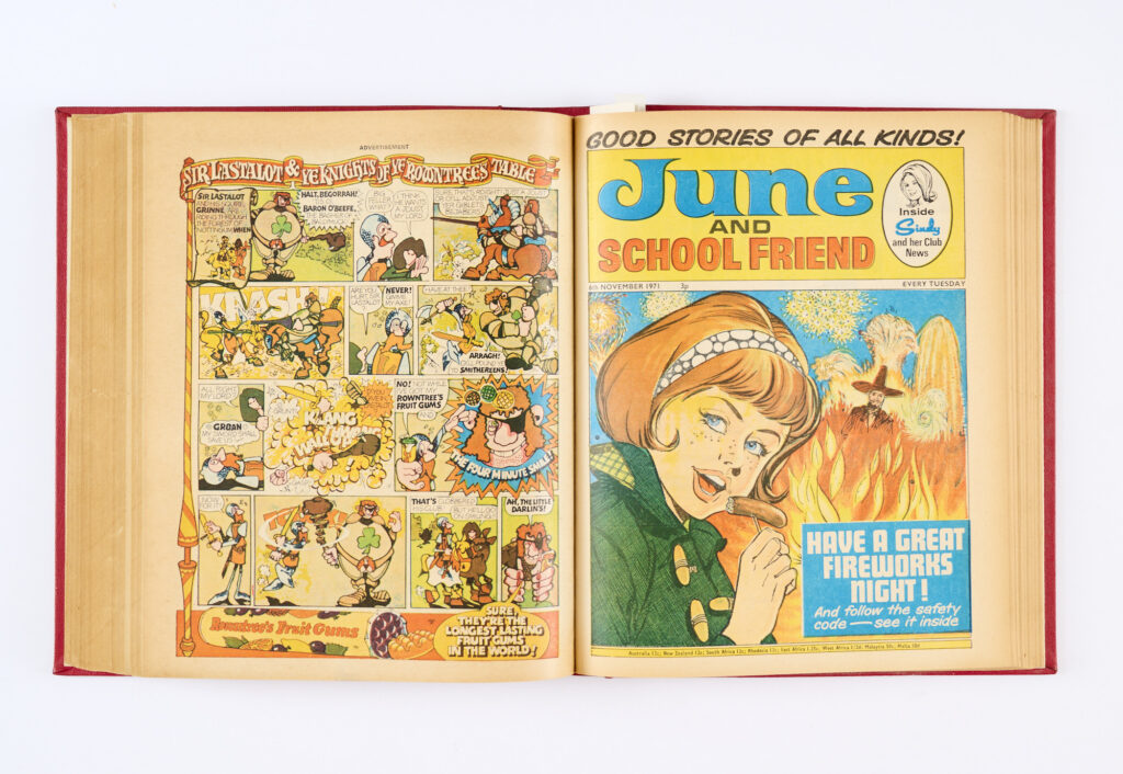 June and School Friend (3 Jul - 25 Dec 1971) 26 issues in half-year bound volume. Glory Knight - Time Traveller, Wild Girl, Slaves of the Special One, Angela Barrie's Fashion Page and Lulu's Fashion Contest. From the IPC Editorial Archive [fn/vfn] (26)