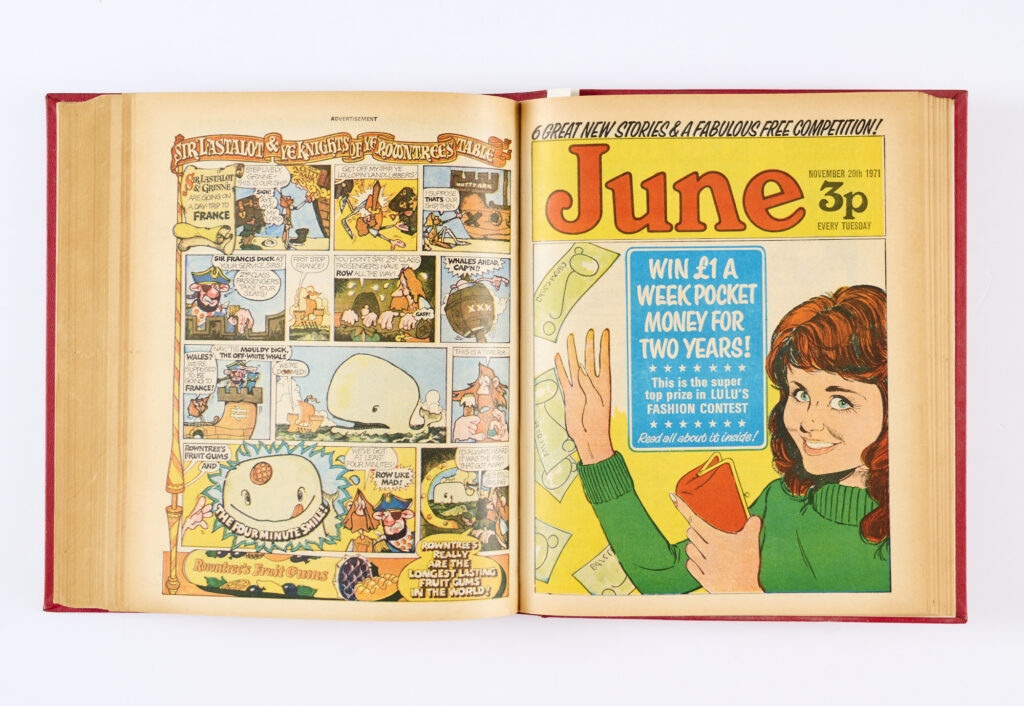 June and School Friend (3 Jul - 25 Dec 1971) 26 issues in half-year bound volume. Glory Knight - Time Traveller, Wild Girl, Slaves of the Special One, Angela Barrie's Fashion Page and Lulu's Fashion Contest. From the IPC Editorial Archive [fn/vfn] (26)