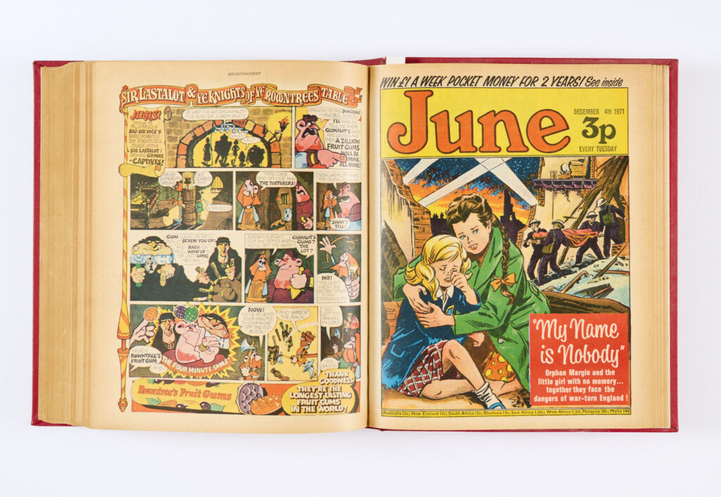 June and School Friend (3 Jul - 25 Dec 1971) 26 issues in half-year bound volume. Glory Knight - Time Traveller, Wild Girl, Slaves of the Special One, Angela Barrie's Fashion Page and Lulu's Fashion Contest. From the IPC Editorial Archive [fn/vfn] (26)