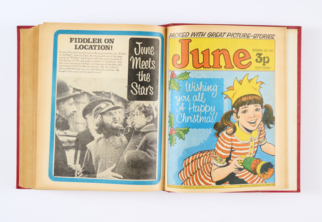 June and School Friend (3 Jul - 25 Dec 1971) 26 issues in half-year bound volume. Glory Knight - Time Traveller, Wild Girl, Slaves of the Special One, Angela Barrie's Fashion Page and Lulu's Fashion Contest. From the IPC Editorial Archive [fn/vfn] (26)