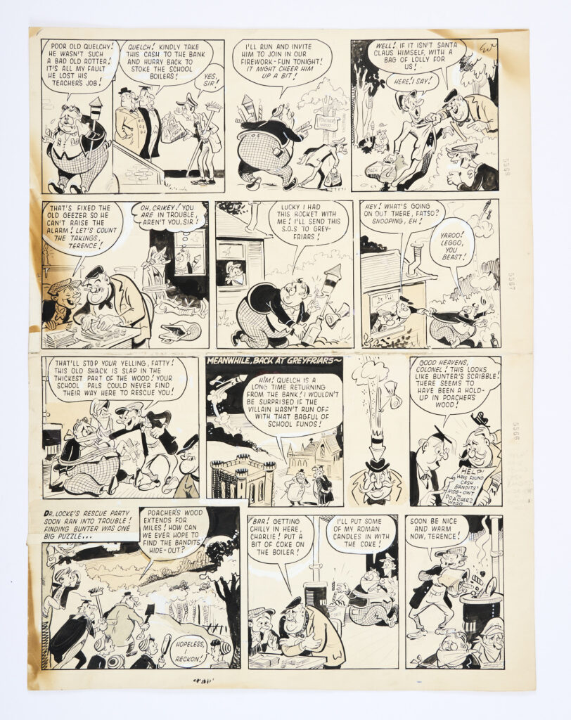 Billy Bunter original Fireworks artwork by Reg Parlett for Billy Bunter's Knockout No 1184 Firework issue, Nov 4 1961. Black paint with Letraset on cartridge paper. 22 x 17 ins