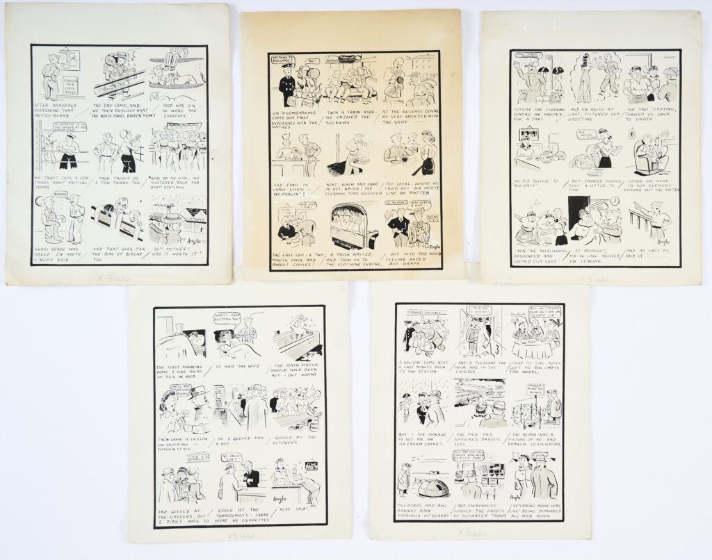 'Laugh with SEAC'. Five page original artwork war story (1945) drawn and (each page) signed by Mick Anglo for 'Laugh with SEAC' (South-East Asia Command) newspaper of the British Army. This is Mick Anglo's first published work. His later 1940s creations included Wonderman (John Justice) his first super-hero character and The Tornado (Steve Storm) for Paget Comics where he was now the editor. However, his greatest work was yet to come as he revamped the U.S. Captain Marvel comics for the UK market by creating Marvelman, Young Marvelman and The Marvelman Family. (Maurice Anglo Witz 1916-2011). Mick Anglo original 5 page artwork personal wartime de-mob story. Pen and ink on card. 9 x 11 ins (5 pages)