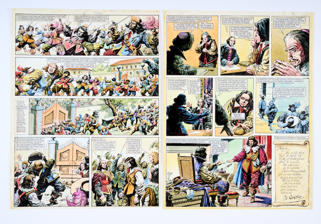 The Three Musketeers: two original colour artworks by Ruggero Giovannini (1967) for Look & Learn, July 7th and September 16th 1967. 'D'Artagnan leads the Musketeers in an epic battle against The Cardinal's guards… and Cardinal de Rochefort has a plan…' Poster colour on cartridge paper. 19 x 14 ins (2 artworks)