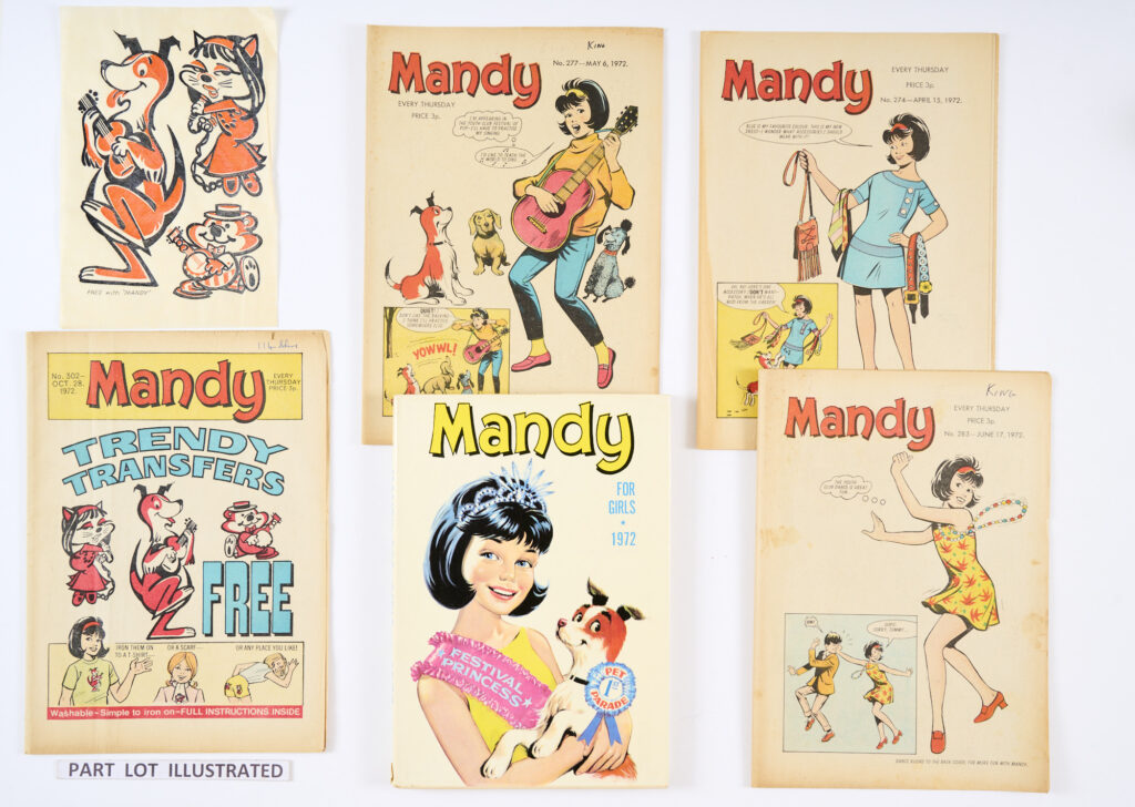 Mandy (1972) 259-311. Complete year. With Mandy Annual 1972. Starring Sarah - Slave of Darkness, Grizzly Ada and The Girl with the Wooden Collar. No 302 wfg Trendy Transfers. No 259 New Year [vg], balance [fn-/fn+] (53)