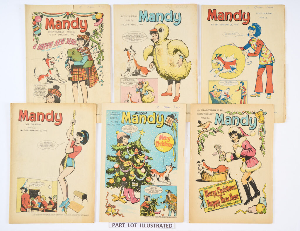 Mandy (1972) 259-311. Complete year. With Mandy Annual 1972. Starring Sarah - Slave of Darkness, Grizzly Ada and The Girl with the Wooden Collar. No 302 wfg Trendy Transfers. No 259 New Year [vg], balance [fn-/fn+] (53)