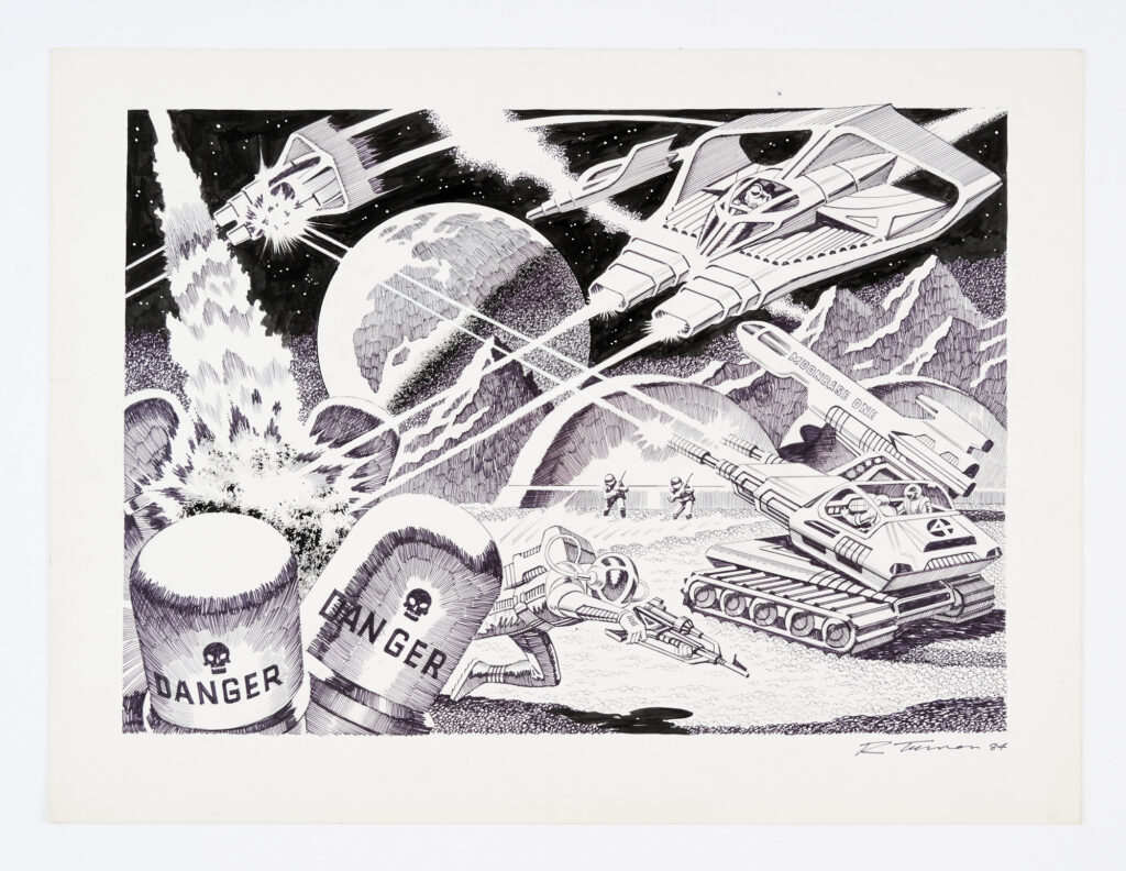 'The Attack on Moon Base One' original artwork (1984) drawn and signed by Ron Turner. Pen and ink on board. 14 x 19 ins