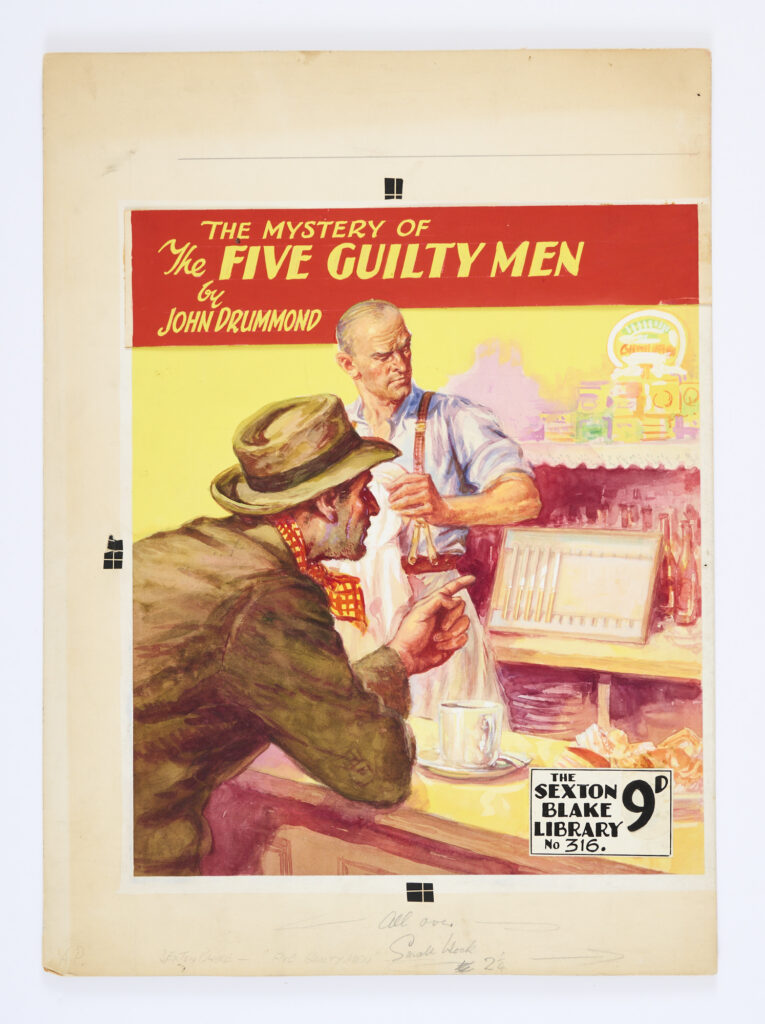 'Five Guilty Men' original cover artwork by Reginald Heade for Sexton Blake Library No 316 (1954). Watercolour on board. 18 x 13 ins