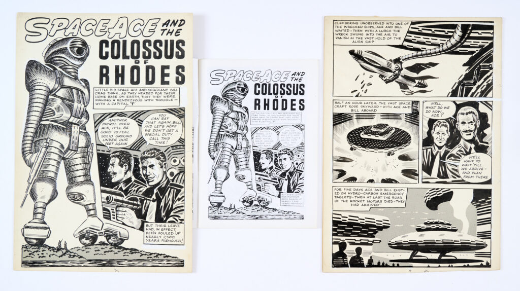 Space Ace and the Colossus of Rhodes, four original artworks by Ron Turner (1961) for Space Ace No 8 (Title page No. 1 with 6, 7 and 8 final page) with photocopy of the comic. Pen and ink on card and board with Letraset overlay. Pages 7 & 8 have thin, light marks to boards. 14 x 9 ins (4 artworks)