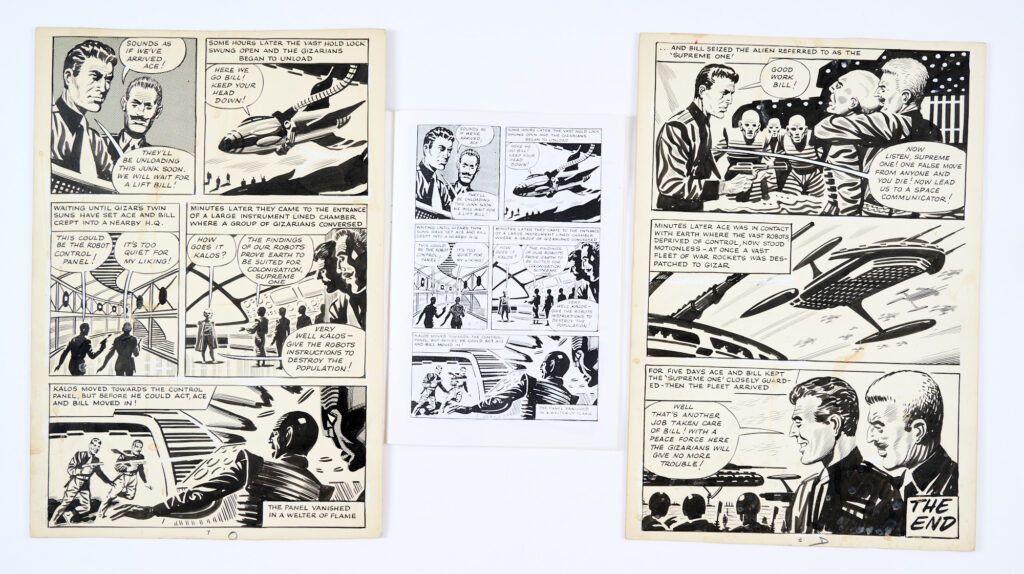 Space Ace and the Colossus of Rhodes, four original artworks by Ron Turner (1961) for Space Ace No 8 (Title page No. 1 with 6, 7 and 8 final page) with photocopy of the comic. Pen and ink on card and board with Letraset overlay. Pages 7 & 8 have thin, light marks to boards. 14 x 9 ins (4 artworks)