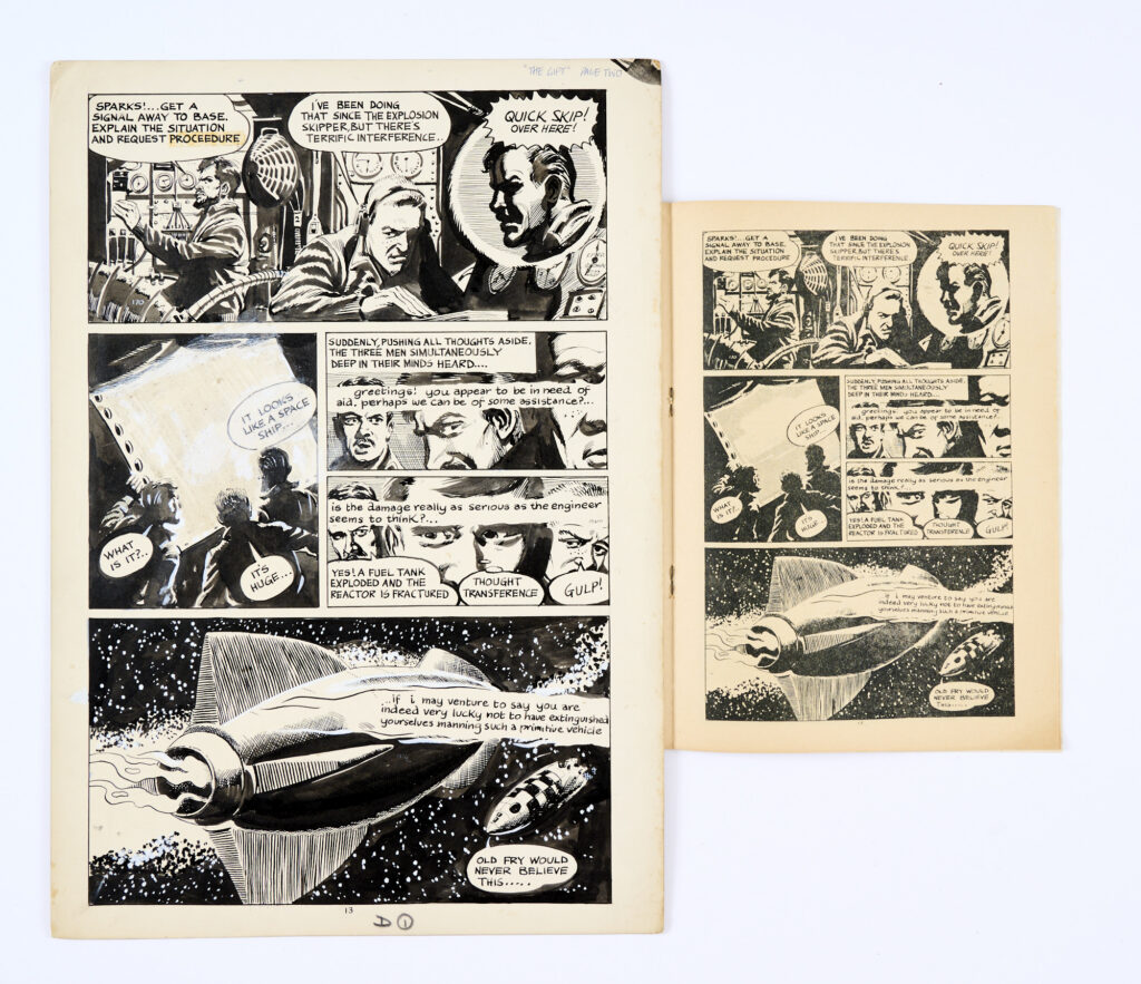 Space Ace No 7 original artwork of 'The Gift' science-fiction story pg.13 by Pat Williams (Eagle and TV Comic illustrator of The Avengers and Adam Adamant). With original comic (1961). Pen and ink on board. 15 x 10 ins