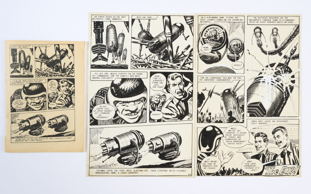 Space Ace and the Scourge from Zombara: two original artworks by Ron Turner (1959) for Lone Star Vol. 6, No 2 pgs 23 & 24 last page. With original comic. Pen and ink on card. 14 x 9 ins (2 artworks)