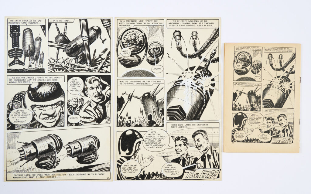 Space Ace and the Scourge from Zombara: two original artworks by Ron Turner (1959) for Lone Star Vol. 6, No 2 pgs 23 & 24 last page. With original comic. Pen and ink on card. 14 x 9 ins (2 artworks)