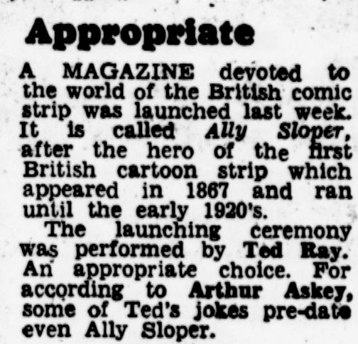 A review of the launch of Ally Sloper that might make you laugh by Michael Watts, from Sunday Express 5th September 1976
