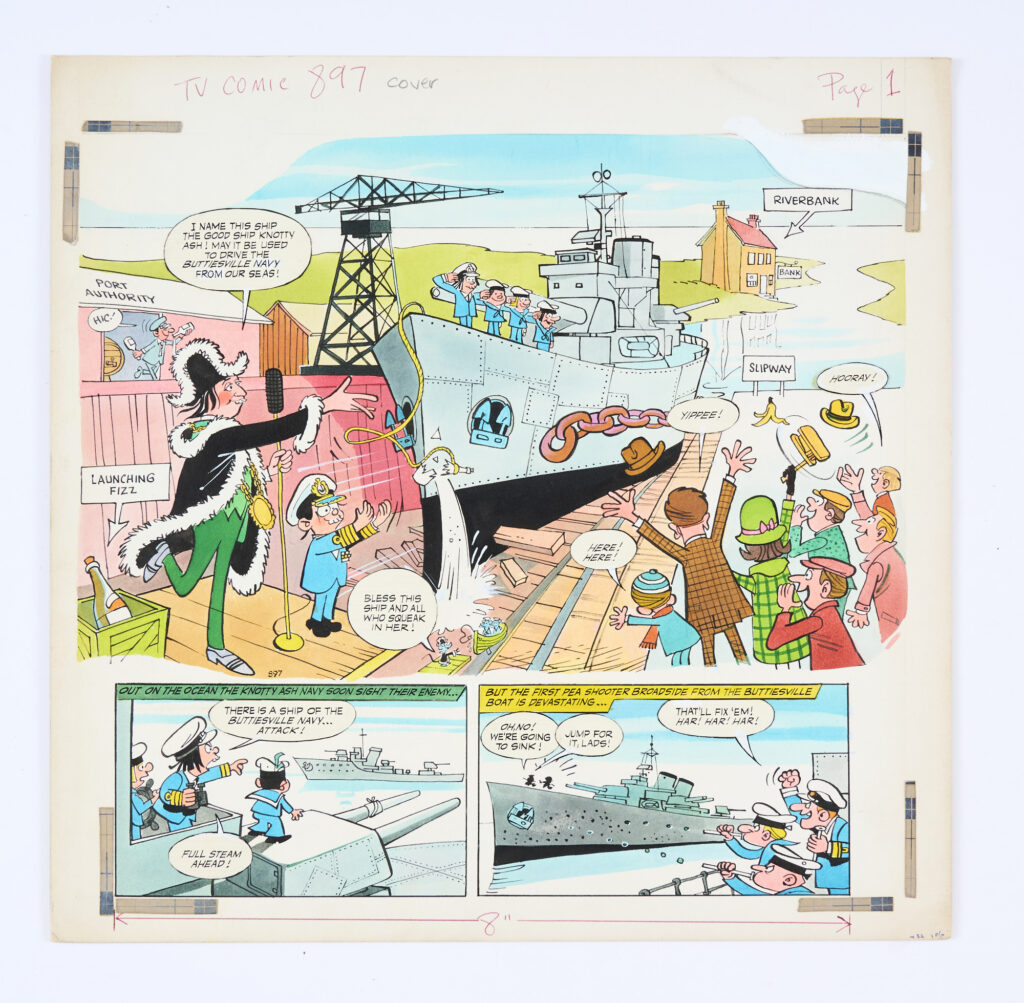Ken Dodd's Diddymen original cover artwork (1968) by Bill Titcombe for TV Comic No 897 front cover. Ken Dodd launches the good ship, Knotty Ash… Poster colour on board. 14 x 15 ins