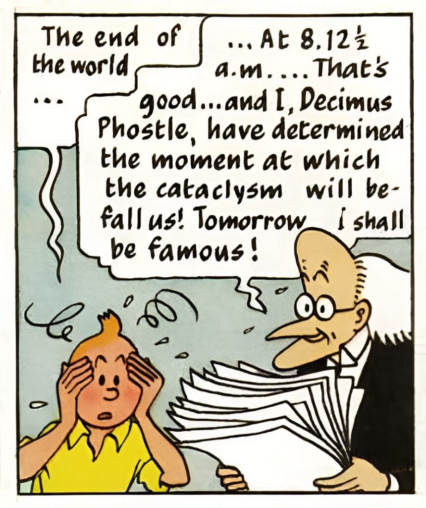 Professor Decimus Phostle announces the end of the world to Tintin in “The Shooting Star”