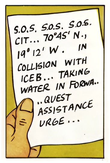 Tintin: The Shooting Star: The distress telegram received by Tintin. Note that 1912 is the year of the Titanic disaster