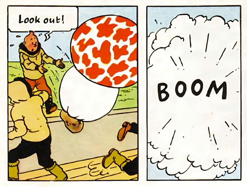 Tintin: The Shooting Star - Tintin brings back a stone from the meteorite on which grows a poisonous (nuclear?) mushroom, that explodes.