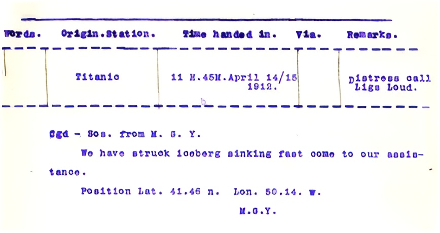 The telegram of the Titanic. M.G.Y is the maritime code of the Titanic